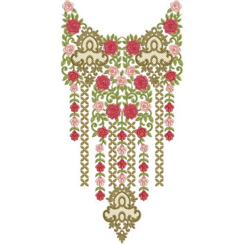Royal Floral Chandelier Neckline Embroidery Design with Ornamental Gold Pattern and Rose Motifs