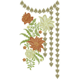Elegant Floral Corner Neckline Embroidery Design with Decorative Leaf Chain Border