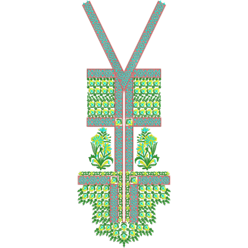 Colorful Geometric Floral V-Neckline Embroidery Design with Traditional Pattern Panels