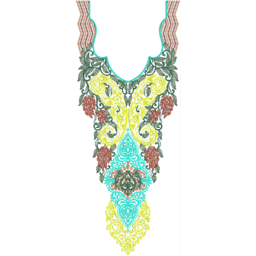 Vibrant Paisley V-Neckline Embroidery Design with Multicolor Ornamental Pattern