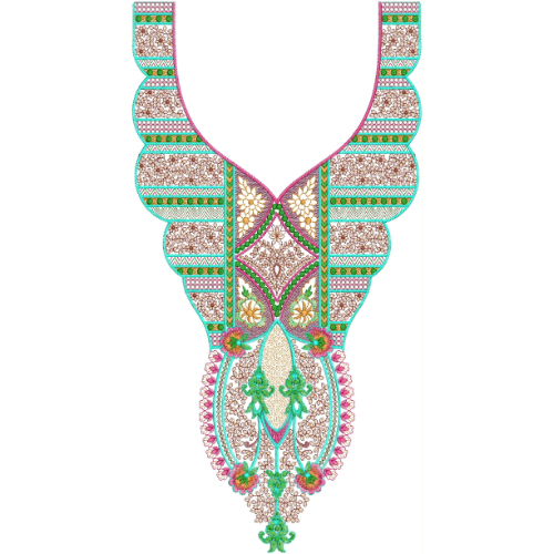 Luxury Ornamental V-Neckline Embroidery Design with Multicolor Geometric and Floral Details