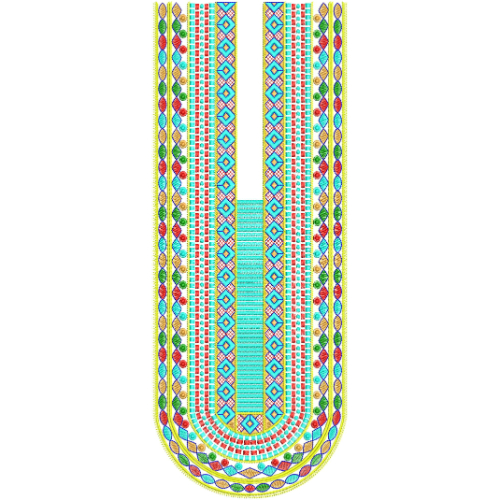 Colorful Geometric Panel Neckline Embroidery Design with Ethnic Pattern Borders