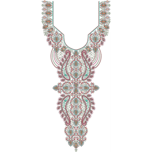 Luxury Paisley Ornamental Neckline Embroidery Design with Intricate Multicolor Detailing