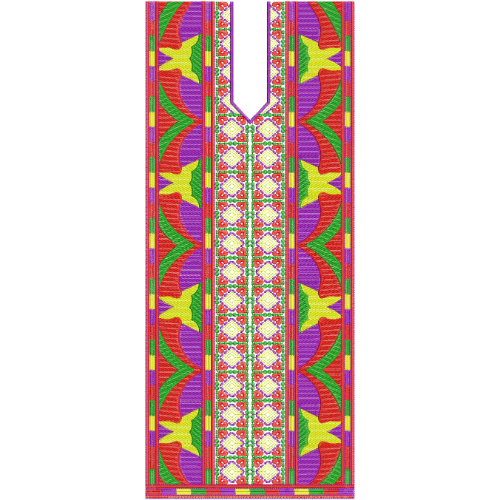 Vibrant Ethnic V-Neck Panel Embroidery Design with Bold Geometric Patterns