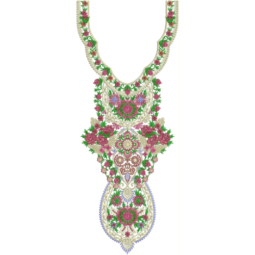 Luxury Floral U-Neckline Embroidery Design with Ornamental Medallion and Rose Motifs