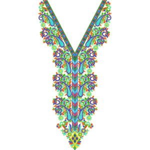 Vibrant Paisley V-Neckline Embroidery Design with Colorful Ornamental Scroll Patterns