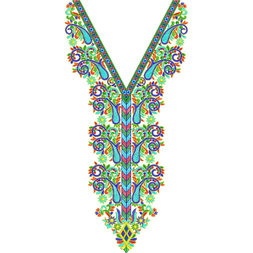 Vibrant Paisley V-Neckline Embroidery Design with Colorful Ornamental Scroll Patterns