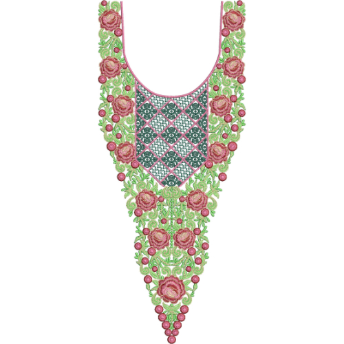 Elegant Rose Floral U-Neckline Embroidery Design with Geometric Lattice Panel