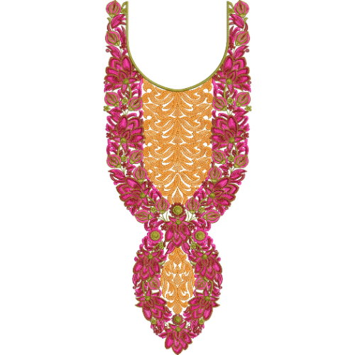 Luxurious Pink Floral U-Neck Embroidery Design with Golden Fill and Ornamental Drop Pattern