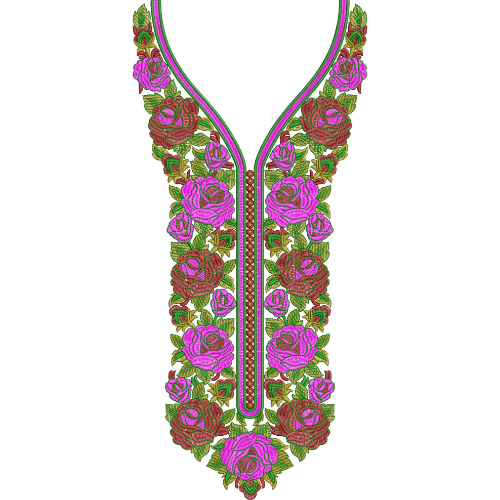 Royal Pink Rose Garden Neckline Embroidery Design with Elegant Symmetrical Floral Vines