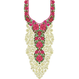 Elegant Pink Floral Neckline Embroidery Design with Antique Gold Threadwork and Symmetrical Garden Pattern