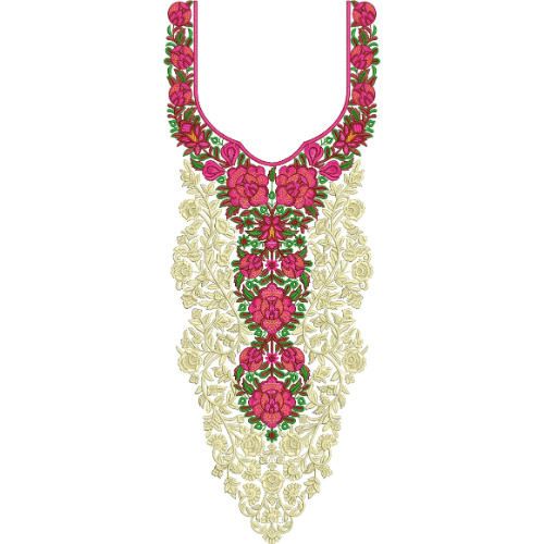 Elegant Pink Floral Neckline Embroidery Design with Antique Gold Threadwork and Symmetrical Garden Pattern