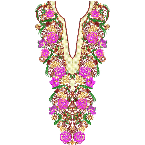 Ornate Royal Floral Neckline Embroidery Design with Pink Roses and Traditional Mughal Pattern