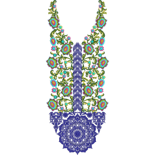 Colorful Ethnic Floral Neckline Embroidery Design with Ornamental Mandala and Vertical Panel
