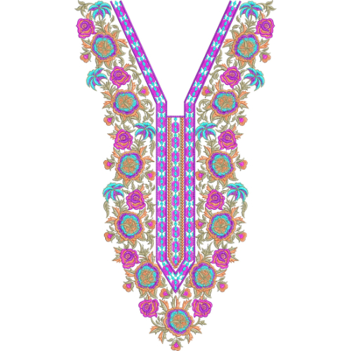 Vibrant Multicolor Floral V-Neck Embroidery Design with Ornamental Border and Ethnic Pattern