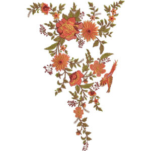 Elegant Floral Bird Neckline Embroidery Design with Vintage Botanical Branch Pattern