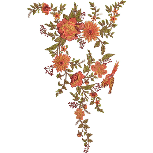 Elegant Floral Bird Neckline Embroidery Design with Vintage Botanical Branch Pattern
