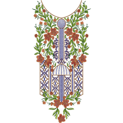 Royal Mughal Garden Gate Neckline Embroidery Design with Floral Vine and Architectural Motifs
