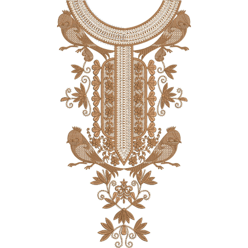 Royal Monochrome Bird Motif Neckline Embroidery Design with Ornamental Floral Detailing