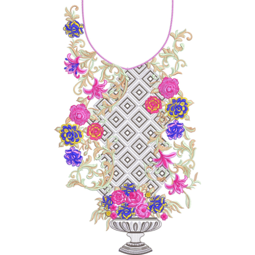 Elegant Floral Vase Neckline Embroidery Design for Women Kurti