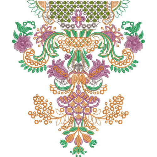 Traditional Multicolor Ornamental Neckline Embroidery Design with Floral and Paisley Motifs