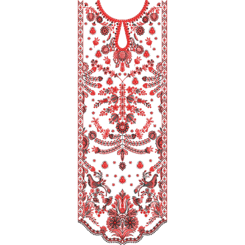 Royal Heavy Traditional Neckline Embroidery Design with Red Floral and Paisley Pattern