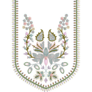 Elegant Pastel Floral U-Shape Neckline Embroidery Design with Leafy Vine Pattern