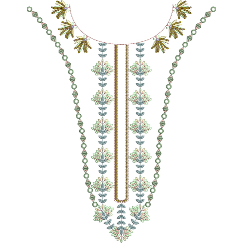 Elegant Minimal Floral U-Neckline Embroidery Design with Vertical Leaf Pattern
