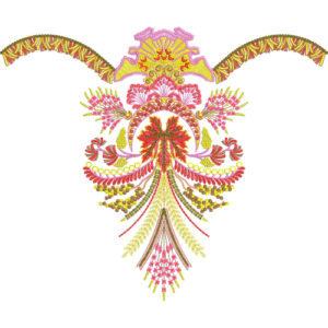 Vibrant Royal Festive Neckline Embroidery Design with Ornamental Fan and Tassel Detailing