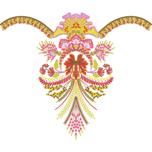 Vibrant Royal Festive Neckline Embroidery Design with Ornamental Fan and Tassel Detailing