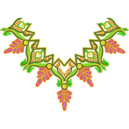 Bright Traditional V-Shape Neckline Embroidery with Folk Floral Motifs