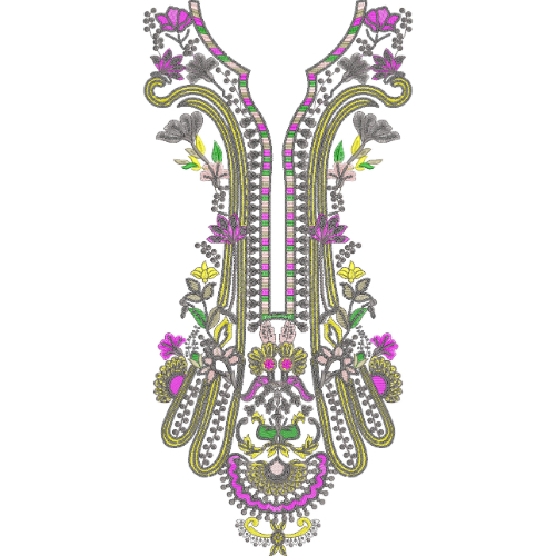Luxury Multicolor Baroque Floral Neckline Embroidery Design with Ornamental Detailing