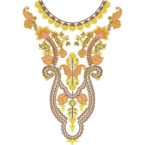 Royal Yellow & Peach Floral Baroque Neckline Embroidery Design for Elegant Ethnic Wear