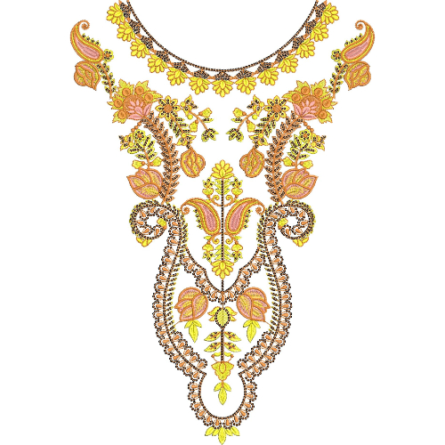 Royal Yellow & Peach Floral Baroque Neckline Embroidery Design for Elegant Ethnic Wear