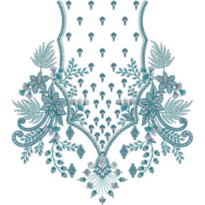 Elegant Teal Floral Neckline Embroidery Design with Symmetrical Leaf and Vine Pattern