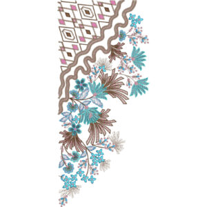 Stylish Floral Geometric Neckline Embroidery Design with Blue and Brown Threadwork
