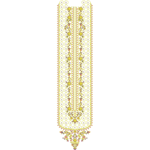 Elegant Long Panel Floral Neckline Embroidery Design with Light Golden Threadwork