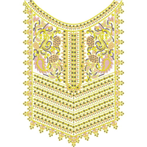 Traditional Heavy Yellow Floral Neckline Embroidery Design with Ornamental Ethnic Pattern