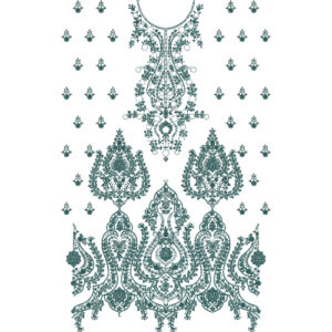Elegant Teal Floral Full Front Neckline Embroidery Design with Traditional Paisley Pattern
