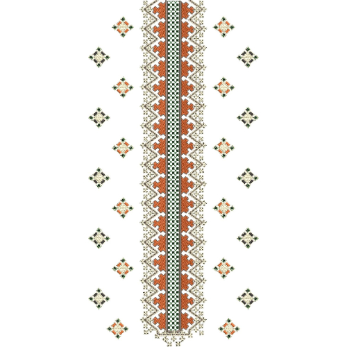 Traditional Rust and Green Geometric Long Neckline Embroidery Design with Ethnic Motifs