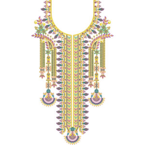 Luxury Heavy Embellished U-Shape Neckline Embroidery Design with Floral, Paisley and Hanging Tassel Motifs