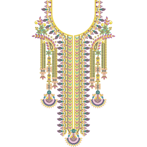 Luxury Heavy Embellished U-Shape Neckline Embroidery Design with Floral, Paisley and Hanging Tassel Motifs