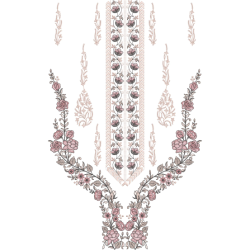 Elegant Pastel Floral V-Shape Neckline Embroidery Design with Delicate Vine and Rose Motifs
