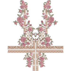 Luxury Rose Floral U-Shape Neckline Embroidery Design with Ornamental Baroque Motifs for Kurti and Formal Wear