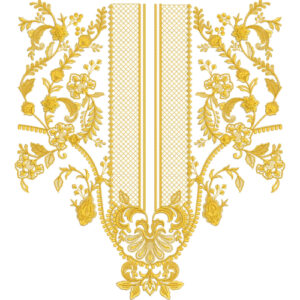 Luxury Golden Floral Neckline Embroidery Design with Baroque Scroll and Elegant Vine Motifs