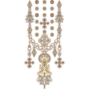 Royal Antique Baroque Neckline Embroidery Design with Ornamental Chains and Vintage Motifs
