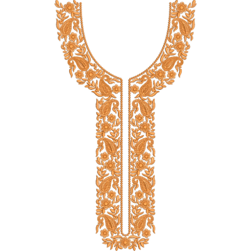 Classic Paisley Floral U-Neckline Embroidery Design with Traditional Ethnic Vine Pattern