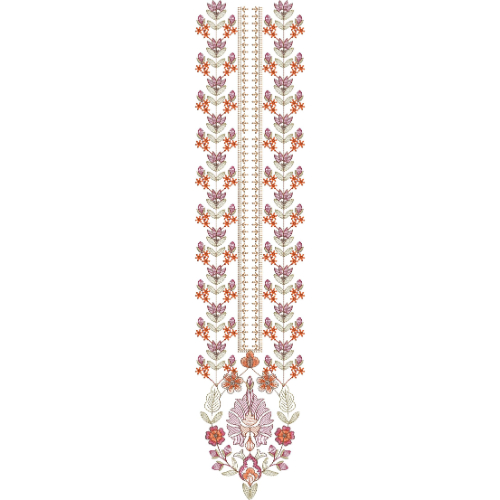 Elegant Vertical Floral Vine Neckline Embroidery Design with Traditional Ethnic Motifs
