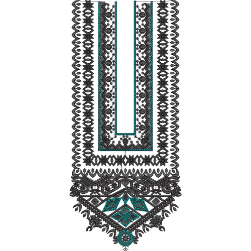 Modern Geometric Ethnic Neckline Embroidery Design with Tribal Patterns and Decorative Border