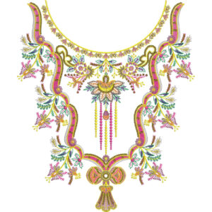 Colorful Traditional Necklace Style Neckline Embroidery Design with Floral and Paisley Motifs
